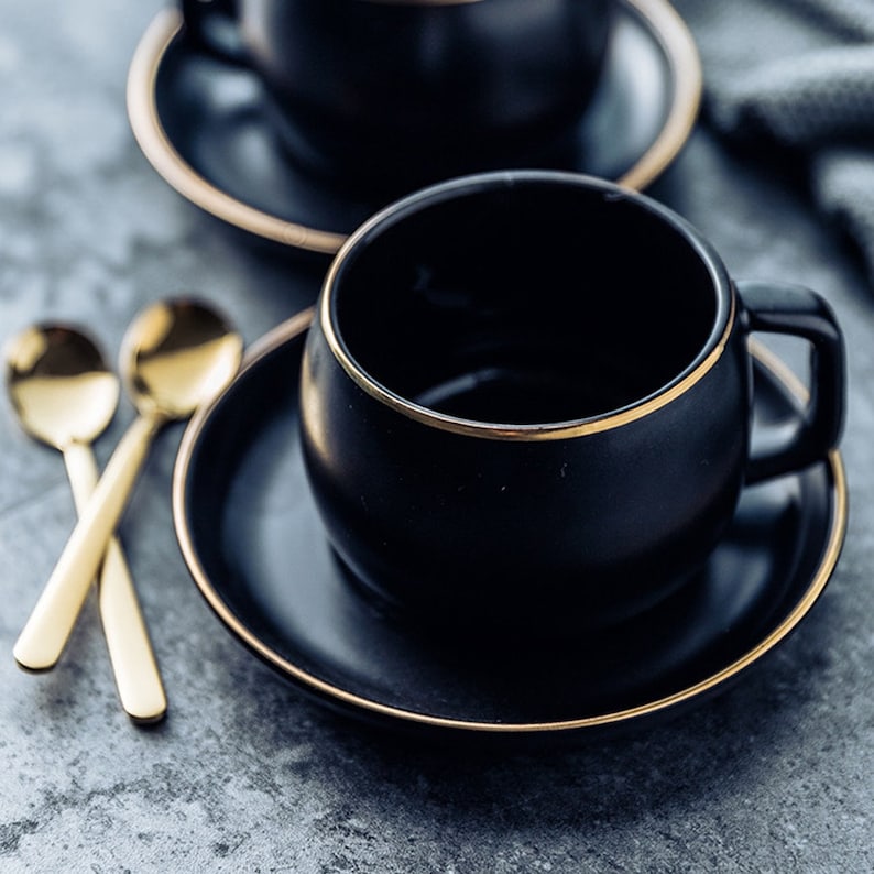Black Ceramic Coffee Cup and Saucer with a Stainless Steel Etsy