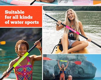 Puede incluir: Un collage de imágenes que muestran deportes acuáticos. Las personas usan remos en tablas de paddle surf y kayaks. Los remos tienen mangos negros con empuñaduras coloridas y palas blancas o rojas. También se ve el texto "Suitable for all kinds of water sports".
