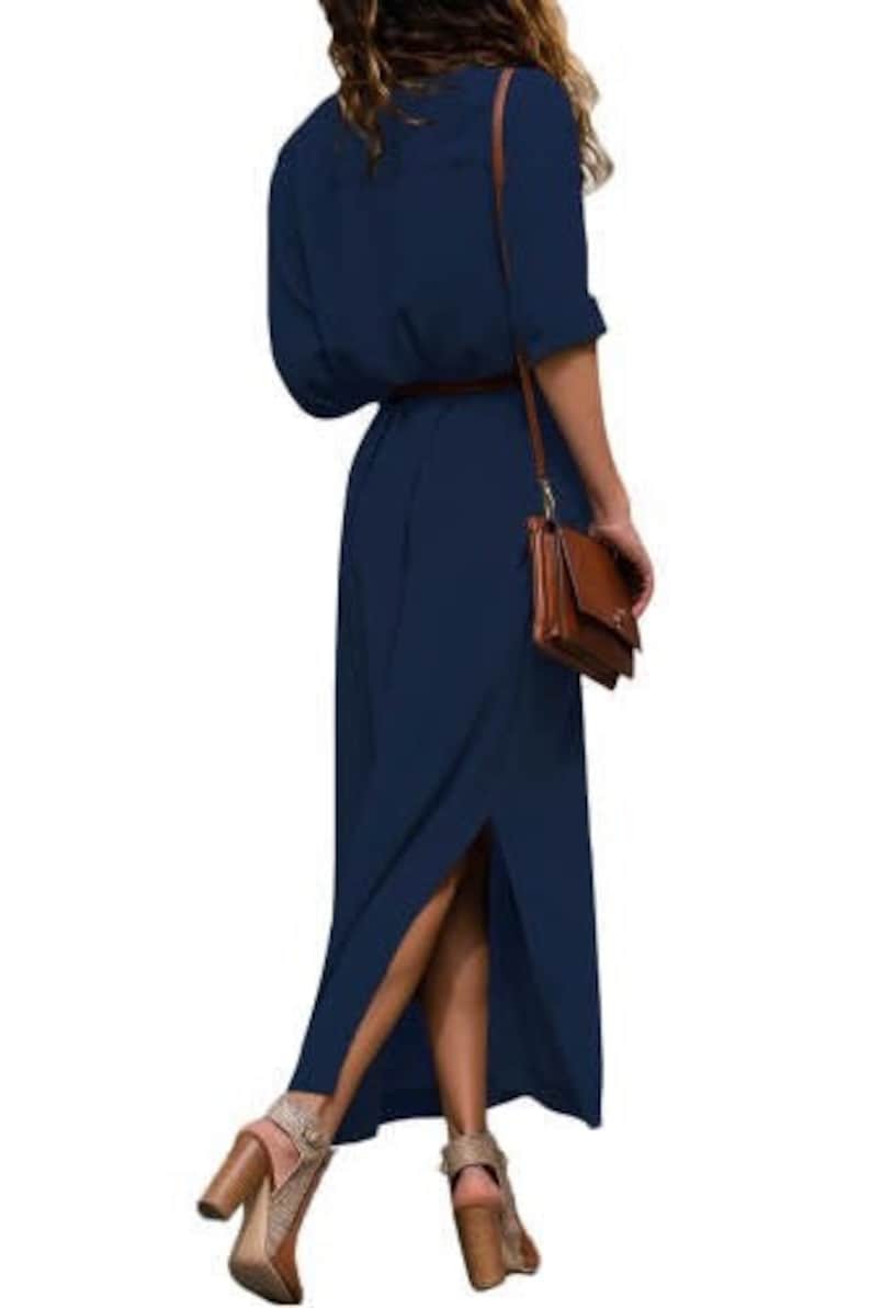 Dark Blue Slit Maxi Shirt Dress with Sash