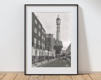 Dessin de Conway Street & BT Tower, Londres - Impression signée en édition limitée, art mural, impression d'art, affiche, cadeau, ville, ligne d'horizon, gratte-ciel