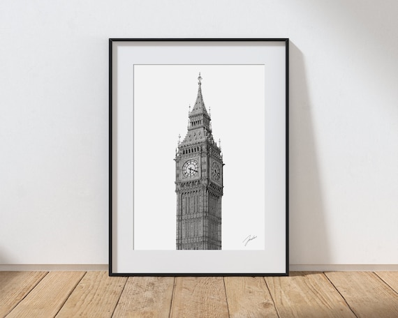 Big Ben Clock Tower Drawing London, Signed Print, Wall Art, Travel