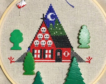Baba Yaga Skull Forest Witch House Slavisch Russisch Volksverhaal Kruissteekpatroon Eenvoudig
