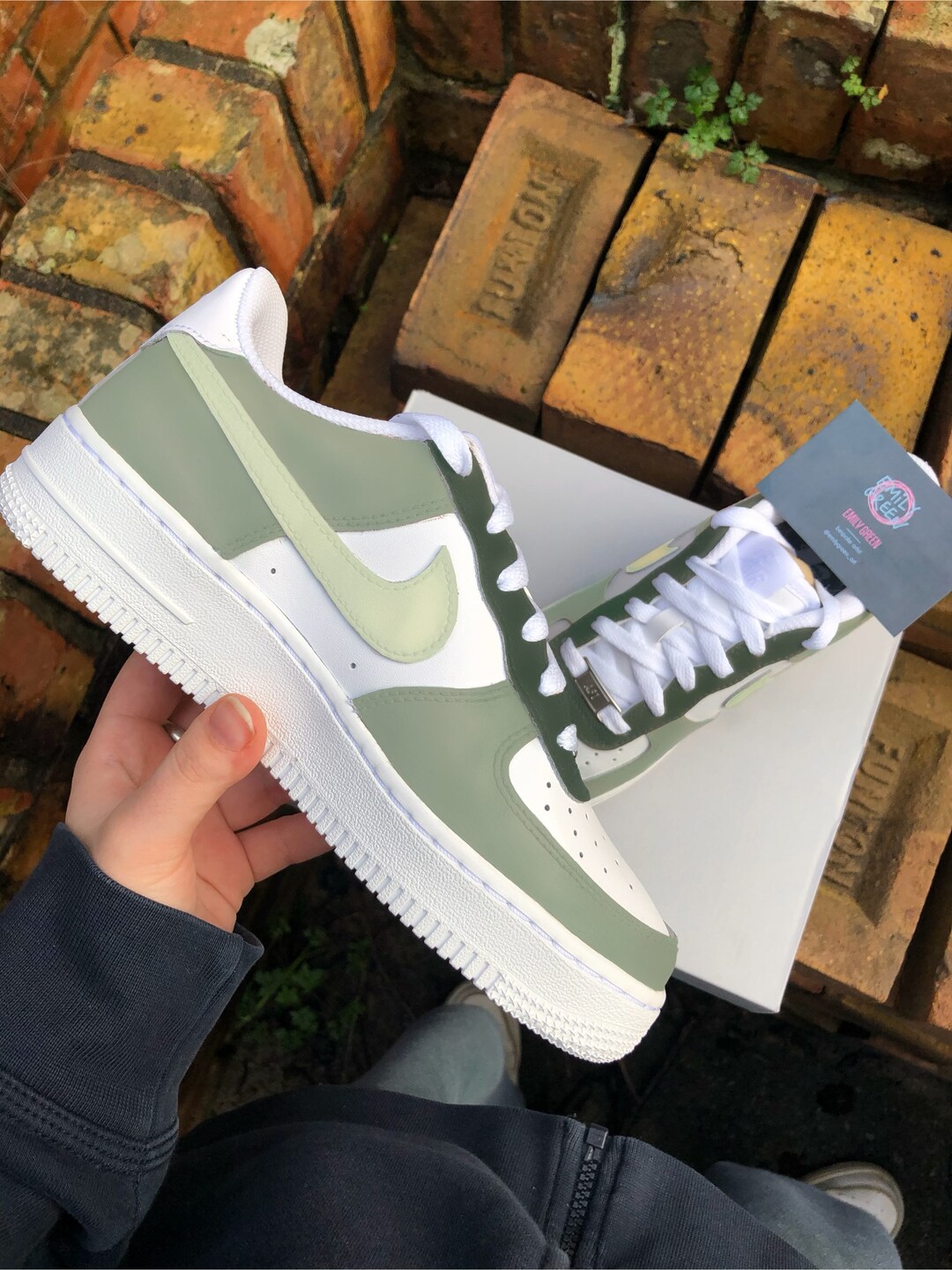 Nike Air Force 1 Custom Sneakers Low Two Tone Army Military Green White  Shoes
