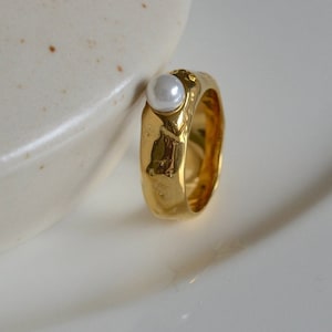 Gold Hammered Ring, Pearl Ring, Uneven Ring, knobbly ring, Sun Ring, Moon Surface Ring, Sunburst ring, Star ring, Universe Ring