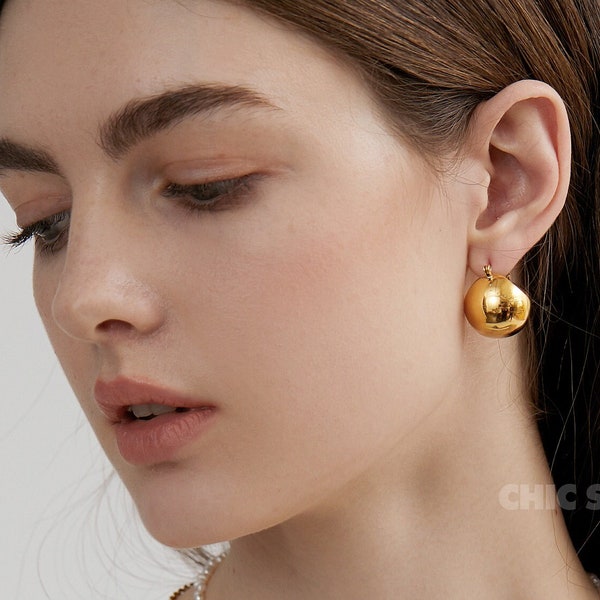 Gold Basket Earrings, Silver Ball Earrings, Drop Ball Hoop, Chunky Ball Earrings, 18K Gold Sphere, Large Ball Gold Earring