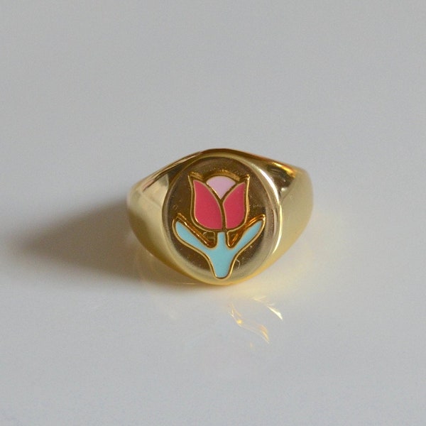 Gold Silber Tulpe Ring, 925 Sterling Silber Ring 18K Gold Vermeil, Gold Tulpe Ring, Floral Siegelring, Wert Sammelring