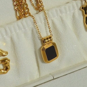 Black Onyx Pendant Necklace 2 Layer Figaro Chain, Layer Necklace Set, Rectangle Black Stone, Tarnish Free, Waterproof Necklace