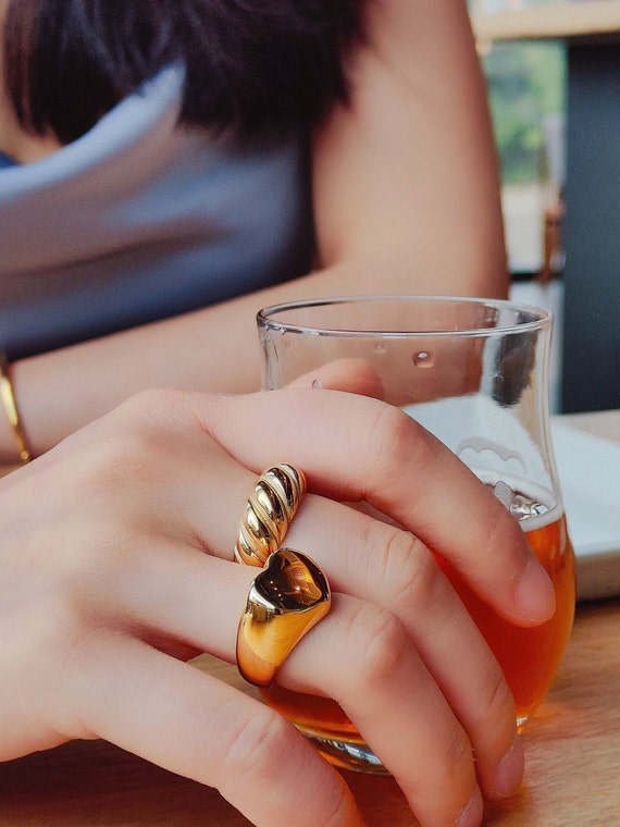 Chunky Love Heart Ring Dome Ring 18K Gold Plated Stainless