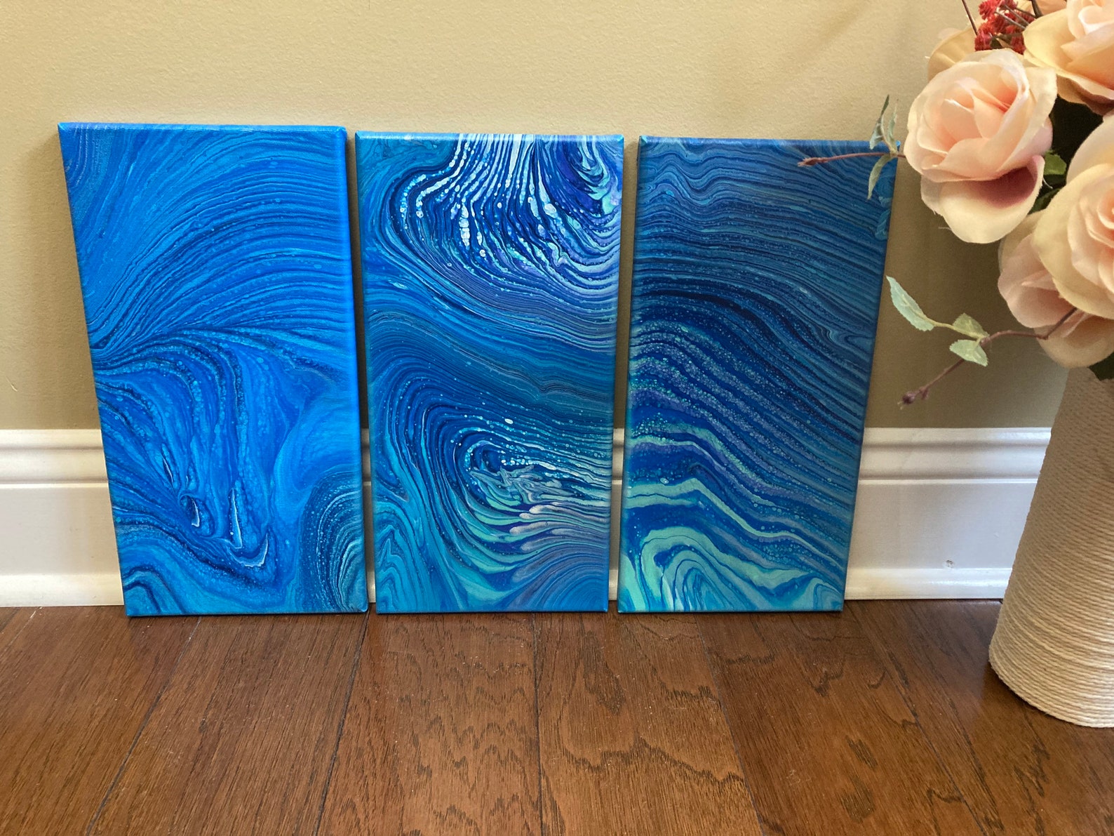 Acrylic Paint Pouring, Original Artwork, Canvas Wall Art, Triptych