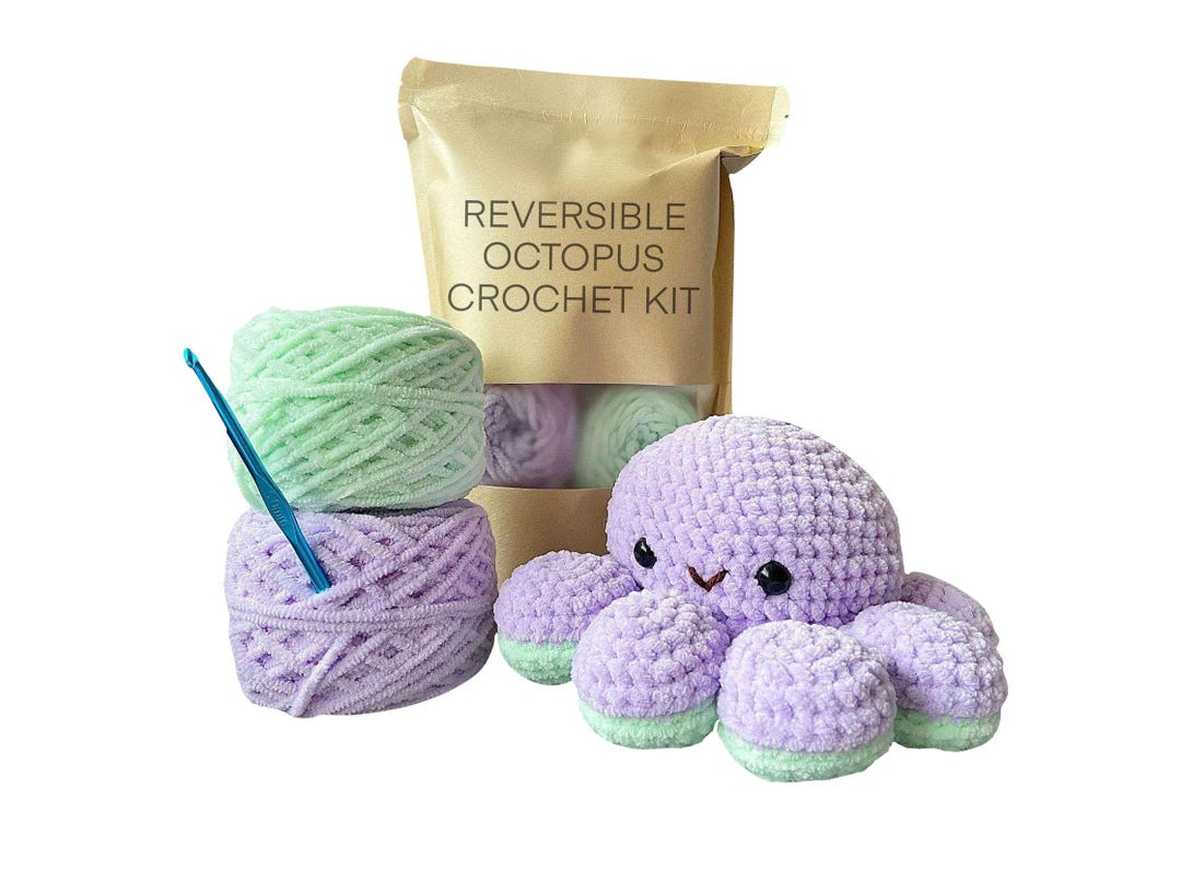 Reversible Octopus Crochet Kit, Pastel Purple, Pastel Green, Gift