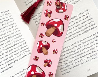 Pink Mushroom Bookmark - Cottagecore - Mushroom Patterned - Glossy Laminated Bookmark - Stationary