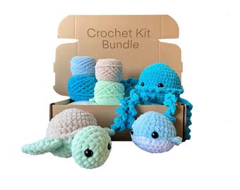 Crochet Kit Bundle, Under the Sea, 3 in 1, Turtle Crochet Kit, Jellyfish Crochet Kit, Whale Crochet Kit, Crocheter Gifts, Amigurumi Pattern