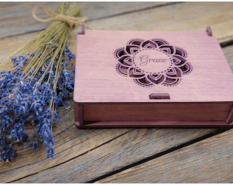 Custom Wood Jewelry Personalized Gift Box by Andamand, Wedding Box, Anniversary Gift, Girlfriend Box, Lotus Mandala, Natural, Vintage