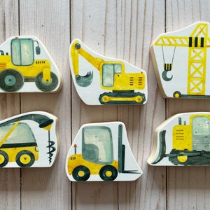Construction Truck Wooden Play Set - Yellow Wood Vehicles & Crane - Pretend Play Kids Toys, Blocks, Excavator, Bulldozer, Digger, Site, Zone