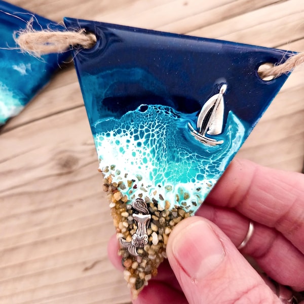 Handmade Ocean Resin Bunting - 6 or 12 Wooden Flags with Sand, Shells & Charms on Rustic Twine - Coastal Beach House Wall Decor