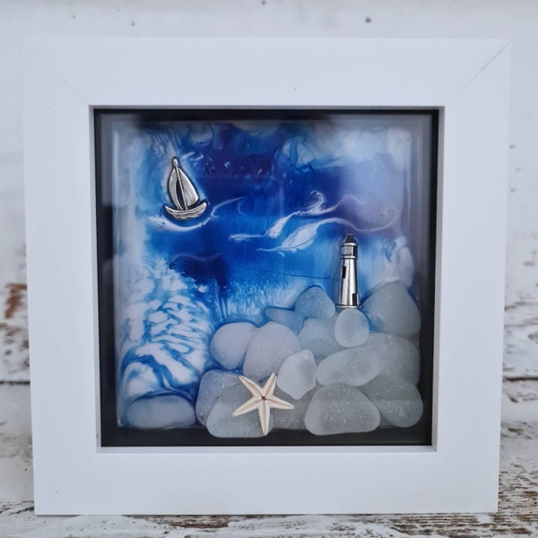 Little Sea Glass Resin Art, Sea Glass Art, Beach House Gift, Sea Glass Cornwall, Beach Glass Art, Ocean Resin Wall Art, Framed Resin Art