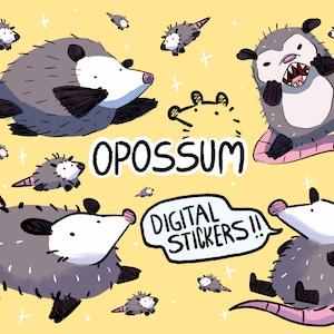 Digital stickers, clipart, cute animal stickers, doodles stickers, animal illustration, opossum stickers, instant download, PNG