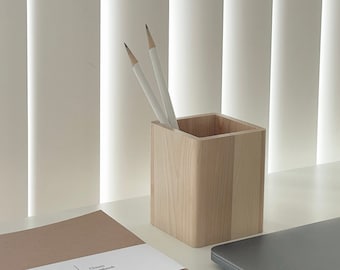 Wood pencil holder for desk. square pen holder. aesthetic desk accessories.