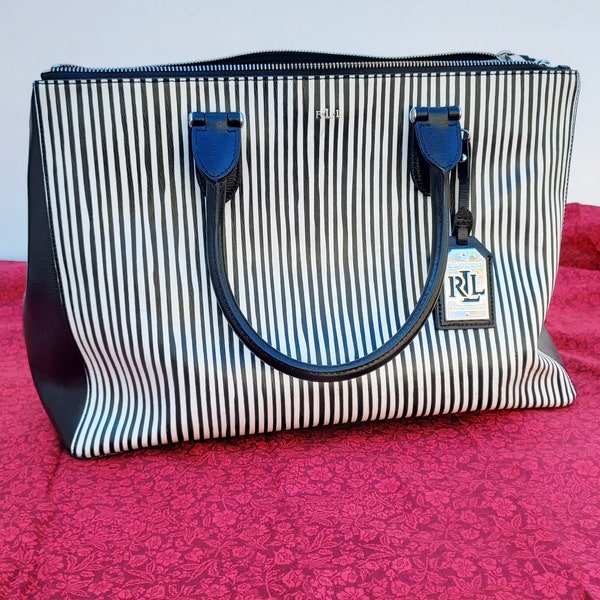 Sac fourre-tout Ralph Lauren, sac fourre-tout noir blanc vintage rare, sac à main à rayures noires et blanches, sac à main Ralph Lauren, sac à main de créateur, sac cartable