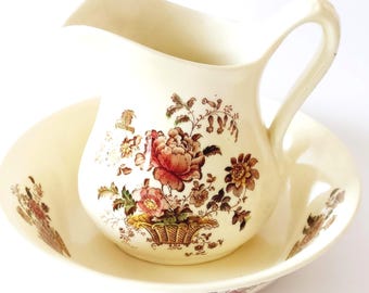Vintage Royal Crownford Charlotte Pitcher and Basin, English Ironstone Transferware, Vintage Staffordshire Pottery