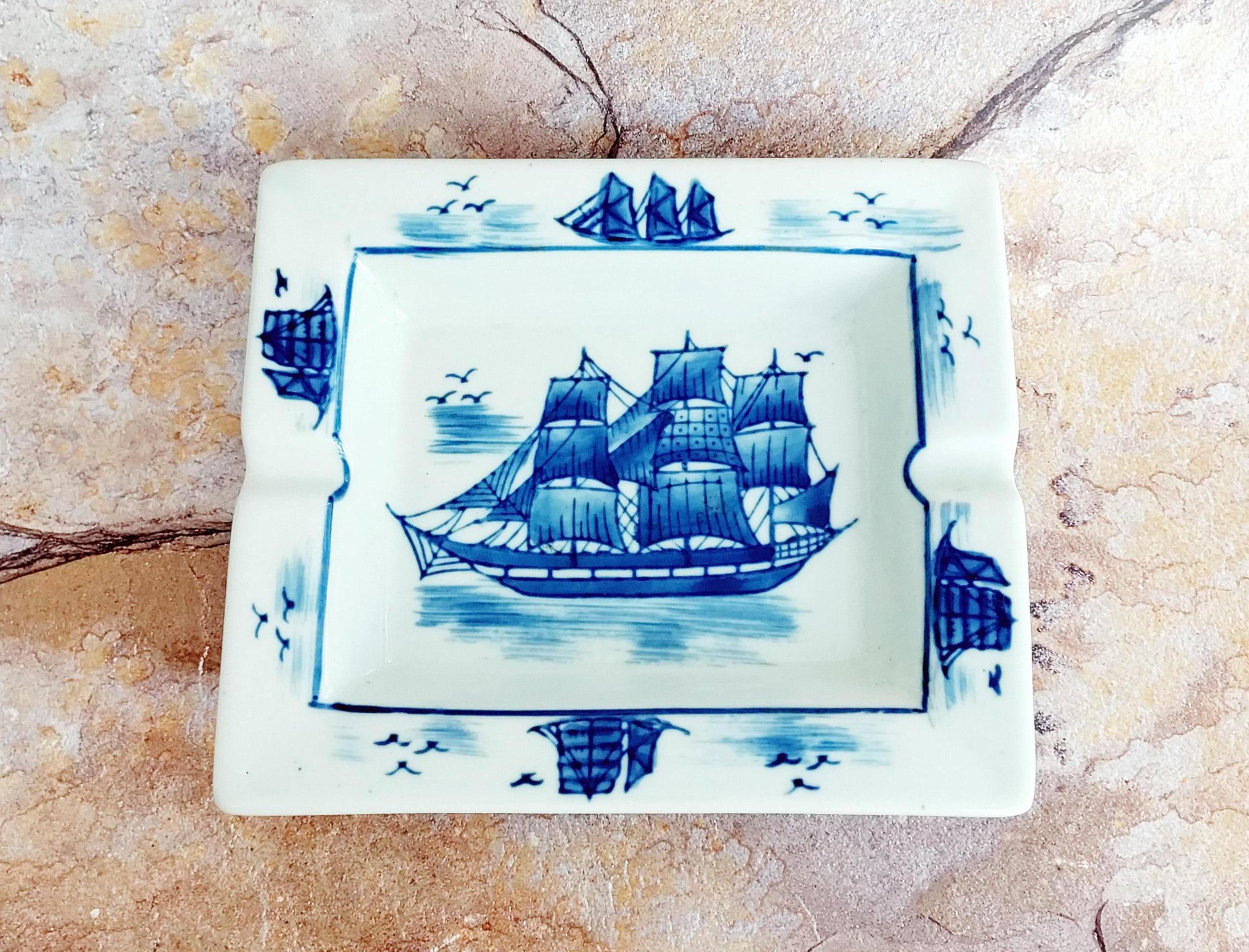 ヴィンテージ灰皿：青と白の帆船装飾；陶器の航海装飾 - Etsy 日本