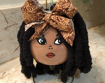 Black Woman Ornament w/Braids, Afro Puffs or Locs | New Faces | Black Christmas | Black Owned Shop | Ethnic Ornaments | Christmas Queen |