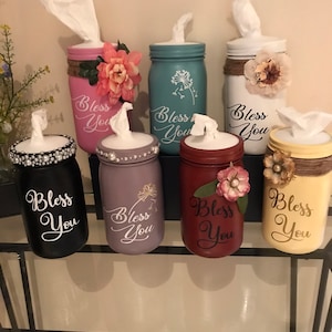 Mason Jar Tissue Holder | Bling Tissue Jar | Get Well Gift | Black Owned Shop | Rustic Farmhouse Decor | Twine and Flowers | Hand Painted |