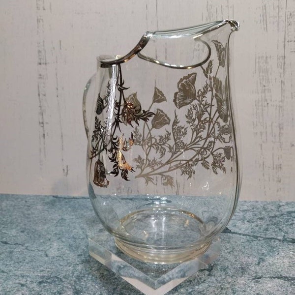 Vintage Silver City Glass Company Pitcher With Silver Floral Overlay in Flanders Pattern