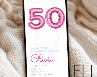 Pink 50th Birthday Mobile Party Invite. Editable Canva Template