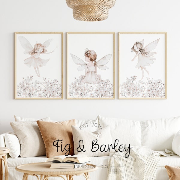 Neutral Boho Fairy prints, Enchanted girls bedroom prints, Neutral Fairy decor, set of 3, Secret Fairy Garden print, Girls room Fairy print