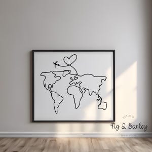 Weltkarte Line Art One Line Zeichnung mit Flugzeug, schwarz weiß, Poster drucken, print at home, printable, Geschenk für Reiseliebhaber, Love Travel