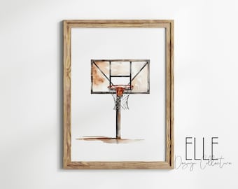 Impresión vintage de aro de baloncesto en acuarela: Arte deportivo para guardería (descarga digital, tamaño A4/Carta/5x7/8x10)