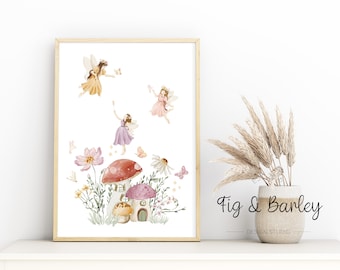 Beautiful Fairy print, 3 Fairies with Mushroom Houses Print, Secret Fairy Garden Print, Fairy on Swing, Three Fairies, Little Girls Room