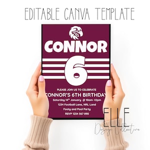 Könnte beinhalten: Eine weinrote Geburtstagseinladung mit dem Namen "CONNOR" und der Zahl "6" in Weiß. Die Einladung enthält den Text "CONNOR'S 6TH BIRTHDAY" und Veranstaltungsdetails. Oben steht der Text "EDITABLE CANVA TEMPLATE".