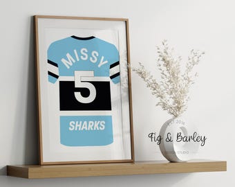 Custom Cronulla Sharks Jersey Art: Personalized NRL Poster (Digital Printable)