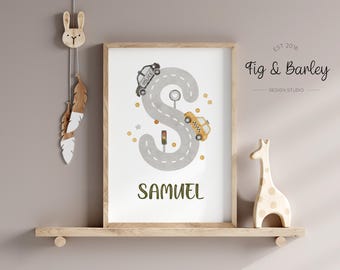 Kids Initial Vehicle Print: Personalized Car Nursery Art (Digital Download)