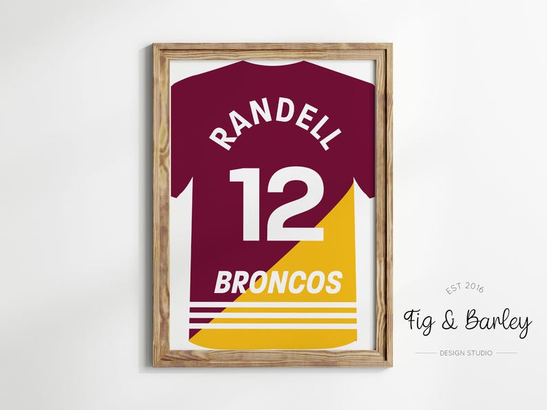 Custom Brisbane Broncos Jersey Wall Art, Personalised NRL Poster