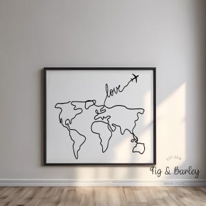 Dibujo lineal de un mapa del mundo con avión, blanco y negro, póster para imprimir, para imprimir en casa, para imprimir, regalo para amantes de los viajes, Love Travel