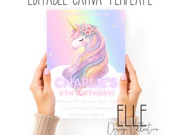 Rainbow Unicorn Birthday Invitation Template, Pastel Canva Invite (5x7" Printable Digital Download)