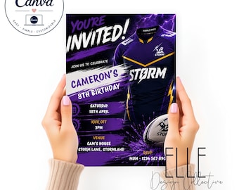 Melbourne Storm Birthday Invitation, Editable Rugby League Party Invite, Canva Template