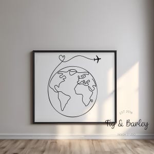 Weltkarte Line Art One Line Zeichnung mit Flugzeug & Herz, schwarz weiß, Poster drucken, print at home, printable, Reiseliebhaber, Love Travel