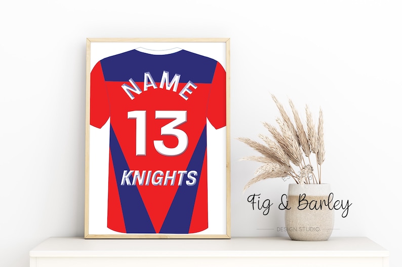 May include: A printable design for a personalized sports jersey. The jersey is red with blue accents and features the text "NAME" and "KNIGHTS" along with the number "13".