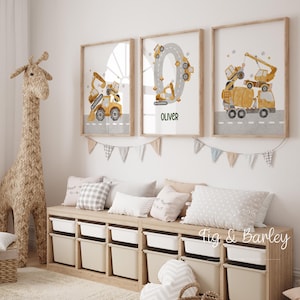 Juego de 3 impresiones con nombre de vehículo de construcción, impresiones de construcción, arte de pared para sala de juegos, arte de pared para bebé niño, arte de pared de vehículos, decoración de habitación infantil