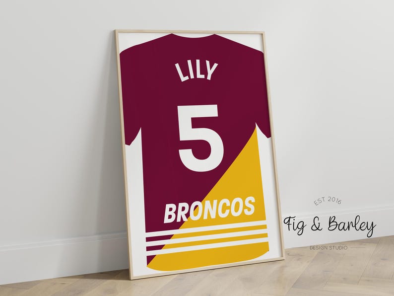 Custom Brisbane Broncos Jersey Wall Art, Personalised NRL Poster