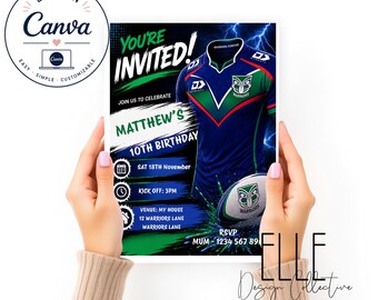 NZ Warriors  Birthday Invitation, Editable Rugby League Party Invite, Canva Template