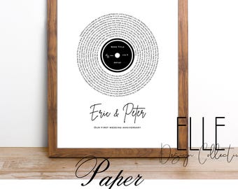 Paper Anniversary Gift, First Dance Custom Song Lyrics Vinyl Record Print