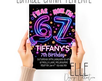 Neon Rainbow 7th Birthday Invitation, Editable Canva Template (Digital Download)