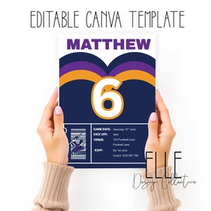 Könnte beinhalten: Eine Geburtstagseinladungsvorlage mit dem Namen "MATTHEW" in Lila, einer großen "6" und Veranstaltungsdetails. Das Design hat einen marineblauen Hintergrund mit lila und goldenen Akzenten. Der Text oben lautet "EDITABLE CANVA TEMPLATE".
