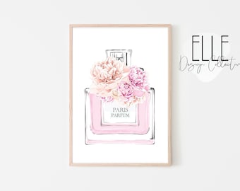 Pink Perfume Bottle Print: Floral Watercolor Art (Digital Print)
