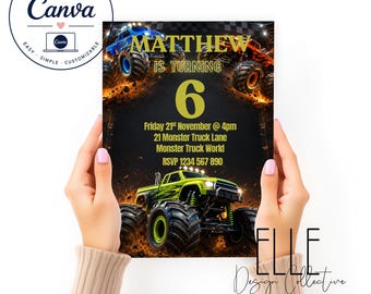 Monster Trucks Birthday Invitation, Editable Canva Template (Digital Download)